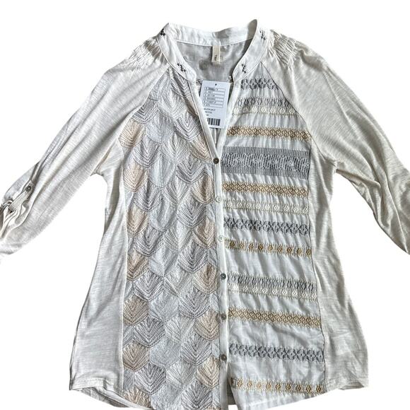 Anthropologie Tiny Button Up Embroidered Shirt White Size Medium Petite - Picture 4 of 11